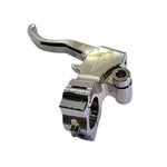 Close-up of a motorcycle handlebar with an orange rubber grip, rearview mirror, and the 1FNGR Easier Pull Clutch Lever Assembly for 1982-2024 Harley-Davidson, designed for smoother clutch operation.