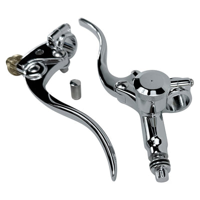 A pair of 1" Vintage Deco Handlebar Control Kit with Master Cylinder & Clutch (Chrome) Harley and Custom Moto brake levers and clutch on a white background by Moto Iron®.