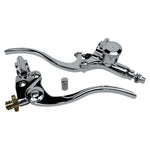 A pair of 1" Vintage Deco Handlebar Control Kit with Master Cylinder & Clutch (Chrome) Harley and Custom Moto brake levers and clutch on a white background by Moto Iron®.