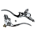 A pair of 1" Vintage Deco Handlebar Control Kit with Master Cylinder & Clutch (Chrome) Harley and Custom Moto brake levers and clutch on a white background by Moto Iron®.