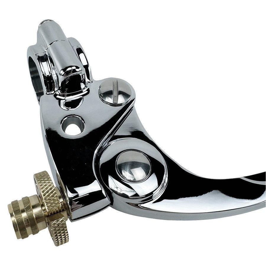A pair of 1" Vintage Deco Handlebar Control Kit with Master Cylinder & Clutch (Chrome) Harley and Custom Moto brake levers and clutch on a white background by Moto Iron®.
