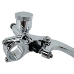 A pair of 1" Vintage Deco Handlebar Control Kit with Master Cylinder & Clutch (Chrome) Harley and Custom Moto brake levers and clutch on a white background by Moto Iron®.