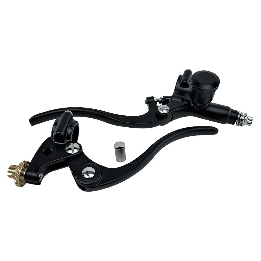 A pair of Moto Iron® 1" Vintage Deco Handlebar Control Kit with Master Cylinder & Clutch brake levers in black on a white background.