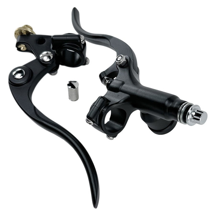 A pair of Moto Iron® 1" Vintage Deco Handlebar Control Kit with Master Cylinder & Clutch brake levers in black on a white background.