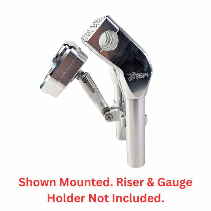 Stainless steel multi-tool with a TC Bros. Pro Series Gauge Relocation Bracket for 1-1/4 Risers and T-Bars on a white background.