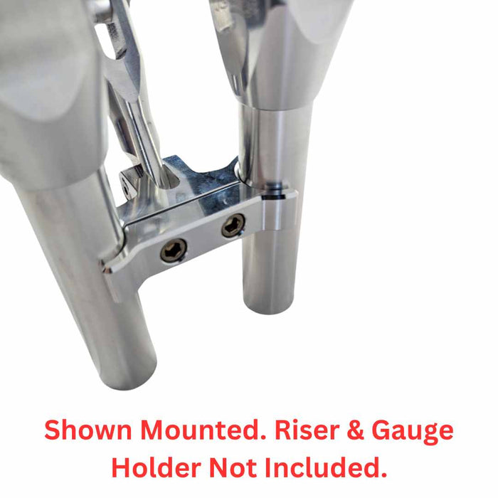 Stainless steel multi-tool with a TC Bros. Pro Series Gauge Relocation Bracket for 1-1/4 Risers and T-Bars on a white background.