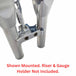 Stainless steel multi-tool with a TC Bros. Pro Series Gauge Relocation Bracket for 1-1/4 Risers and T-Bars on a white background.