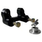 The TC Bros. Pro Series Handlebar Riser Adapter for 2015-2023 Harley-Davidson Road Glide, with a black and silver metal build, two cylindrical bases, and three mounting holes, is shown on a white background. Includes ignition lock retainer kit.