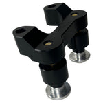 The TC Bros. Pro Series Handlebar Riser Adapter for 2015-2023 Harley-Davidson Road Glide, with a black and silver metal build, two cylindrical bases, and three mounting holes, is shown on a white background. Includes ignition lock retainer kit.