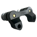 The TC Bros. Pro Series Handlebar Riser Adapter for 2015-2023 Harley-Davidson Road Glide, with a black and silver metal build, two cylindrical bases, and three mounting holes, is shown on a white background. Includes ignition lock retainer kit.
