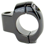 A close-up of the Moto Iron® Black Mirror Clamp for 1″ handlebars and 5/16″ mirror stems—an essential motorcycle accessory.