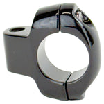 A close-up of the Moto Iron® Black Mirror Clamp for 1″ handlebars and 5/16″ mirror stems—an essential motorcycle accessory.