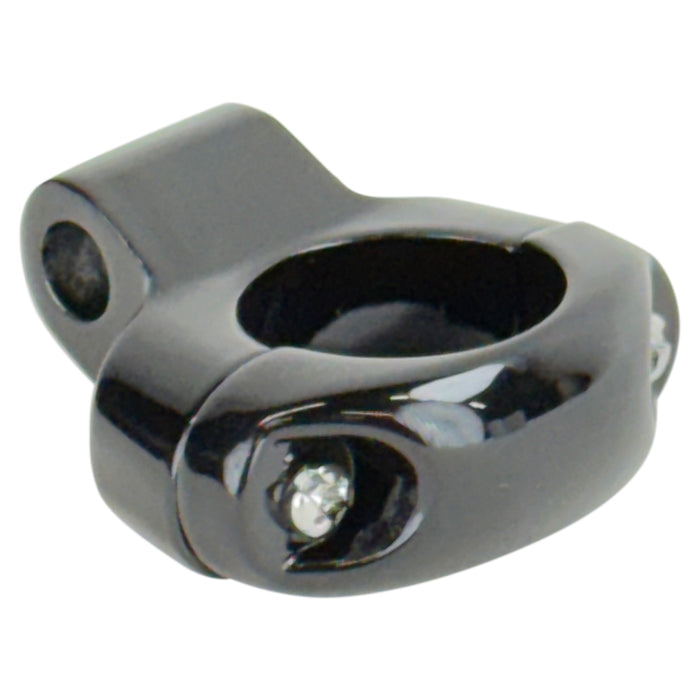 A close-up of the Moto Iron® Black Mirror Clamp for 1″ handlebars and 5/16″ mirror stems—an essential motorcycle accessory.