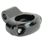 A close-up of the Moto Iron® Black Mirror Clamp for 1″ handlebars and 5/16″ mirror stems—an essential motorcycle accessory.