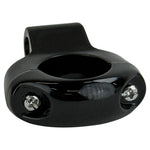 A close-up of the Moto Iron® Black Mirror Clamp for 1″ handlebars and 5/16″ mirror stems—an essential motorcycle accessory.