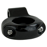 A close-up of the Moto Iron® Black Mirror Clamp for 1″ handlebars and 5/16″ mirror stems—an essential motorcycle accessory.