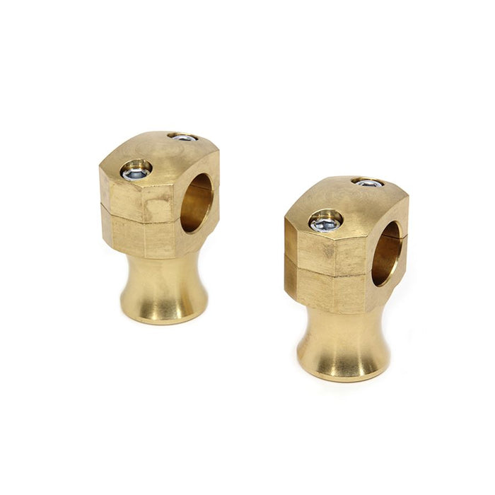 A pair of Wyatt Gatling 1" Diameter Shorty Style Brass Riser Set fittings, including a Wyatt Gatling 1" diameter brass riser for handlebars, against a white background.