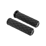 Arlen Ness Fusion Diamond Grips for Harley-Davidson Cable Throttle in black, featuring a textured diamond pattern, are displayed on a white background.