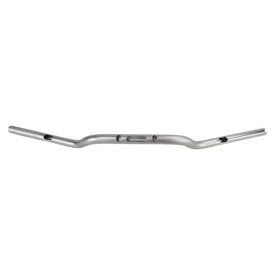 A chrome handlebar, specifically the ODI 1" V-Twin Moto Bars - Silver - TBW, showcased on a white background.