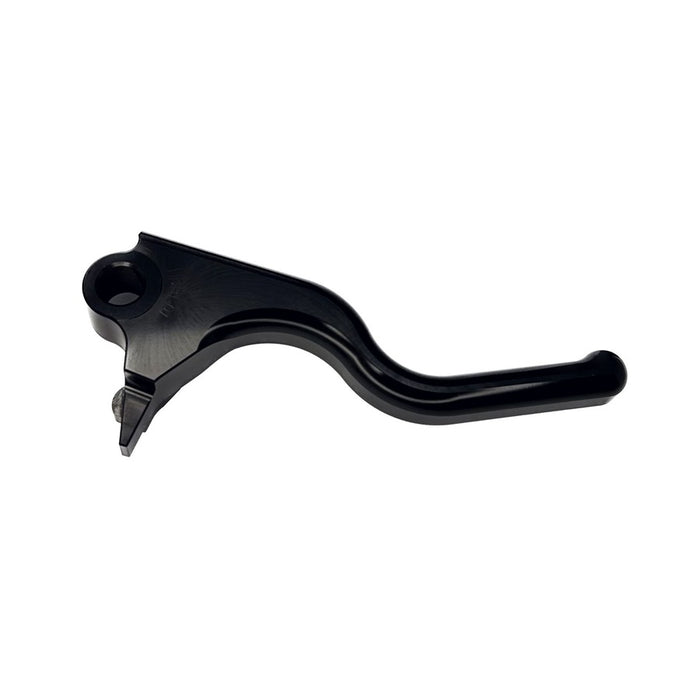 A black Elite Mototech HD 96-07 Touring front brake lever on a white background, manufactured using CNC machining.