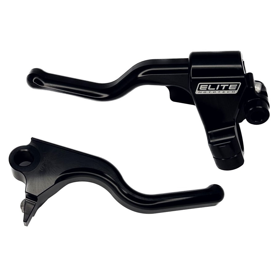 A pair of black Elite Mototech HD "EZ-PULL" 18-24 Softail clutch and brake levers on a white background.