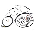 Burly Harley Davidson Dyna motorcycle cable kit, Jail Bar - 14" Handlebars - Black Vinyl, and wiring harnesses displayed on a white background.