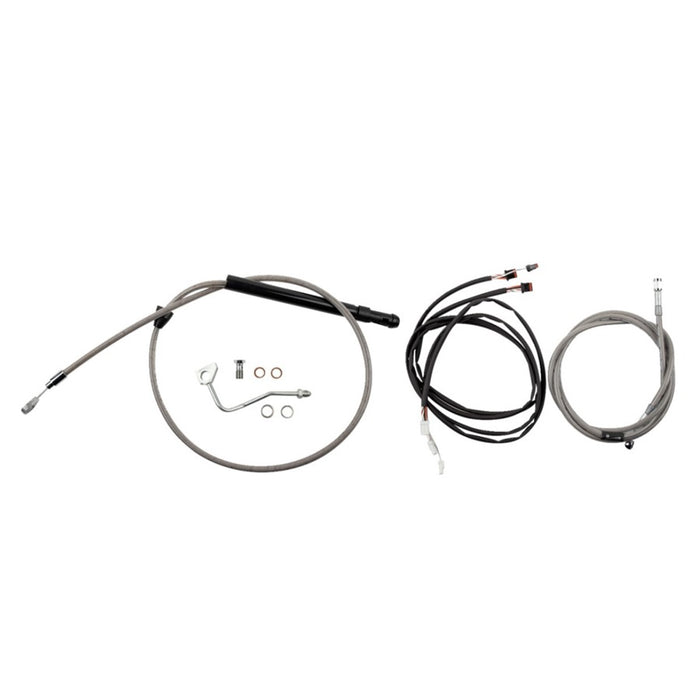 The Burly Control Kit - Bagger, featuring 15-inch stainless extended cables, connectors, and small metal components, designed for aftermarket modifications on Harley Davidson 21-24 Touring Models, elegantly displayed on a white background.