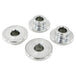 Four round metal TC Bros. Solid Billet Handlebar Riser Bushings isolated on a white background.