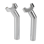 Two Moto Iron® 6-1/2" Chrome Pullback Risers are angled side by side against a white background, featuring chrome-plated metal with U-shaped openings at the top.