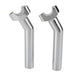 Two Moto Iron® 6-1/2" Chrome Pullback Risers are angled side by side against a white background, featuring chrome-plated metal with U-shaped openings at the top.