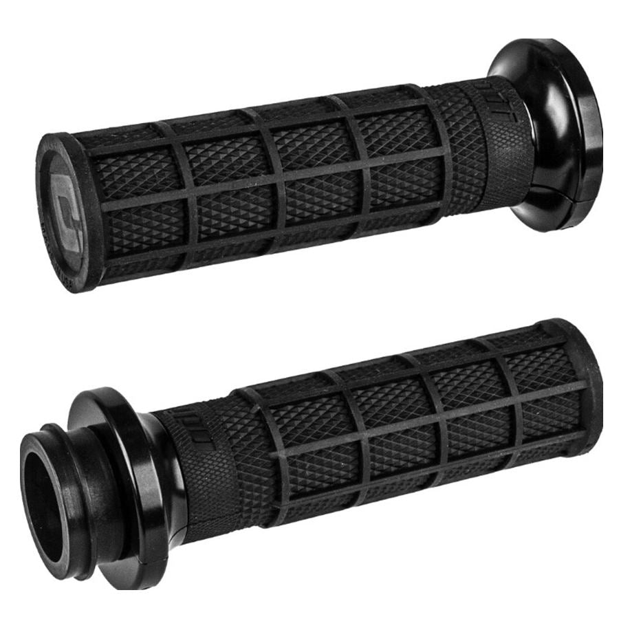 A pair of black Waffle Lock-On V-Twin Grips for Harley, featuring a textured square pattern and flared ends, reminiscent of classic Harley grips by ODI.