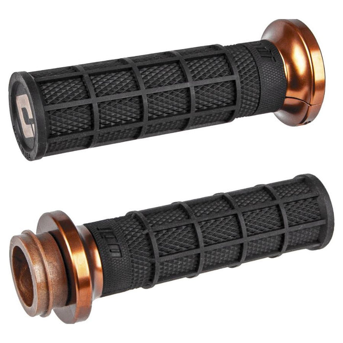 Two ODI Waffle Lock-On V-Twin Grips for Harley - Throttle by Wire in black and bronze, featuring textured waffle patterns and cylindrical shapes, ideal for V-Twin enthusiasts.