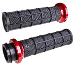 Nine Hart-Luck Lock-on Grips by ODI for Harley-Davidson First Gen Throttle-By-Wire motorcycles, shown in black with assorted colored end caps on a white background, labeled "FIRST GEN TBW" in bold black text.