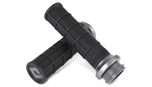 Seven pairs of ODI Hart-Luck Lock-on Grips for Harley-Davidson Cable Throttle, featuring black textured MX-style full-waffle handles with end caps in red, black, silver, or bronze—also suitable for bicycles.
