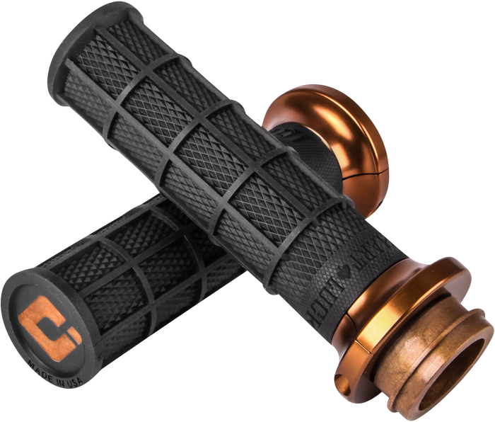Seven pairs of ODI Hart-Luck Lock-on Grips for Harley-Davidson Cable Throttle, featuring black textured MX-style full-waffle handles with end caps in red, black, silver, or bronze—also suitable for bicycles.