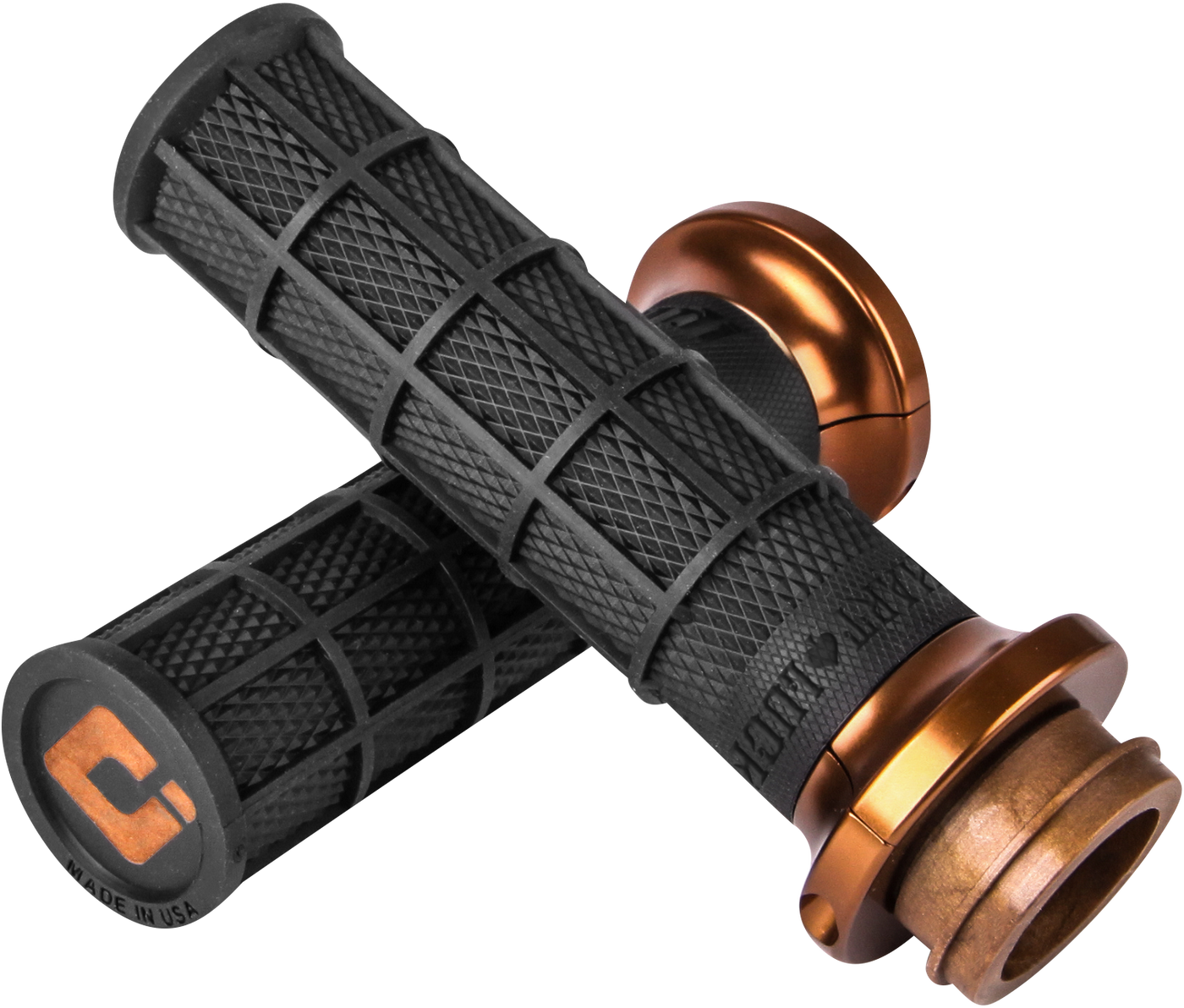 Seven pairs of ODI Hart-Luck Lock-on Grips for Harley-Davidson Cable Throttle, featuring black textured MX-style full-waffle handles with end caps in red, black, silver, or bronze—also suitable for bicycles.
