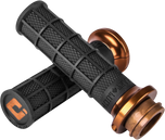 Seven pairs of ODI Hart-Luck Lock-on Grips for Harley-Davidson Cable Throttle, featuring black textured MX-style full-waffle handles with end caps in red, black, silver, or bronze—also suitable for bicycles.