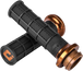 Seven pairs of ODI Hart-Luck Lock-on Grips for Harley-Davidson Cable Throttle, featuring black textured MX-style full-waffle handles with end caps in red, black, silver, or bronze—also suitable for bicycles.