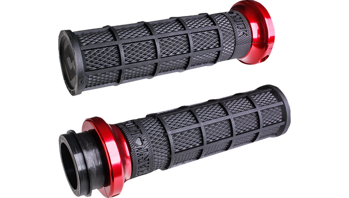 Seven pairs of ODI Hart-Luck Lock-on Grips for Harley-Davidson Cable Throttle, featuring black textured MX-style full-waffle handles with end caps in red, black, silver, or bronze—also suitable for bicycles.