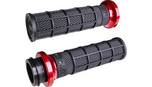 Seven pairs of ODI Hart-Luck Lock-on Grips for Harley-Davidson Cable Throttle, featuring black textured MX-style full-waffle handles with end caps in red, black, silver, or bronze—also suitable for bicycles.