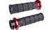 Seven pairs of ODI Hart-Luck Lock-on Grips for Harley-Davidson Cable Throttle, featuring black textured MX-style full-waffle handles with end caps in red, black, silver, or bronze—also suitable for bicycles.