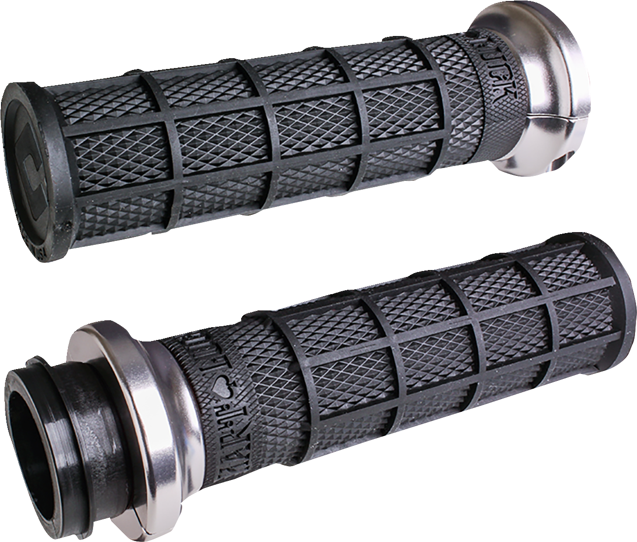 Seven pairs of ODI Hart-Luck Lock-on Grips for Harley-Davidson Cable Throttle, featuring black textured MX-style full-waffle handles with end caps in red, black, silver, or bronze—also suitable for bicycles.