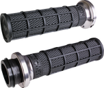 Seven pairs of ODI Hart-Luck Lock-on Grips for Harley-Davidson Cable Throttle, featuring black textured MX-style full-waffle handles with end caps in red, black, silver, or bronze—also suitable for bicycles.