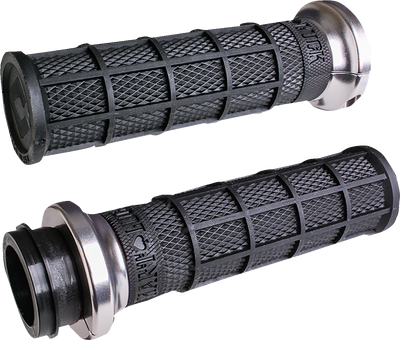 Seven pairs of ODI Hart-Luck Lock-on Grips for Harley-Davidson Cable Throttle, featuring black textured MX-style full-waffle handles with end caps in red, black, silver, or bronze—also suitable for bicycles.
