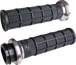 Seven pairs of ODI Hart-Luck Lock-on Grips for Harley-Davidson Cable Throttle, featuring black textured MX-style full-waffle handles with end caps in red, black, silver, or bronze—also suitable for bicycles.