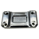 Three CNC-machined Top Clamps for TC Bros. Pro Series Truss Risers by TC Bros. in silver, black, and gold are displayed on a white background. Each clamp has four corner holes and engraved details in the center.