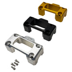 Three metal Digital Gauge Top Clamps for TC Bros. Pro Series Truss Risers in silver, black, and gold are shown with four screws on a white background. Ideal as replacements for Harley Davidson or Pro Series gauge setups. Brand: TC Bros.