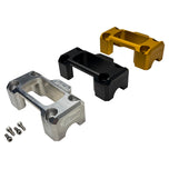 Three metal Digital Gauge Top Clamps for TC Bros. Pro Series Truss Risers in silver, black, and gold are shown with four screws on a white background. Ideal as replacements for Harley Davidson or Pro Series gauge setups. Brand: TC Bros.