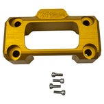 Three metal Digital Gauge Top Clamps for TC Bros. Pro Series Truss Risers in silver, black, and gold are shown with four screws on a white background. Ideal as replacements for Harley Davidson or Pro Series gauge setups. Brand: TC Bros.