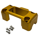 Three metal Digital Gauge Top Clamps for TC Bros. Pro Series Truss Risers in silver, black, and gold are shown with four screws on a white background. Ideal as replacements for Harley Davidson or Pro Series gauge setups. Brand: TC Bros.
